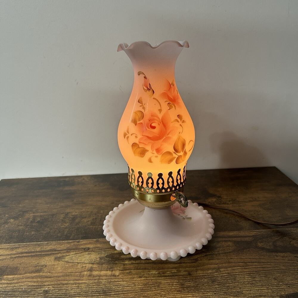 VTG Pink Hurricane Lamp Hand Paint Roses Milk Glass Works 11” Scalloped Hobnail - Picture 2 of 11